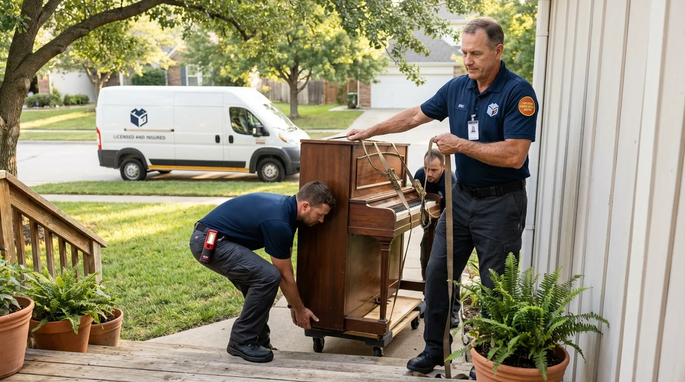 Licensed piano movers securing grand piano in North Wilkesboro, NC