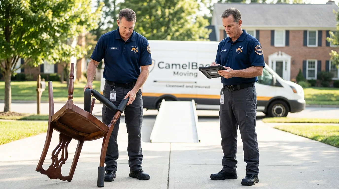 Movers inspecting furniture for damage prevention before loading in North Wilkesboro, NC
