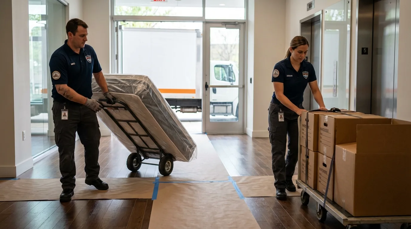 Professional apartment movers loading elevator in North Wilkesboro, NC