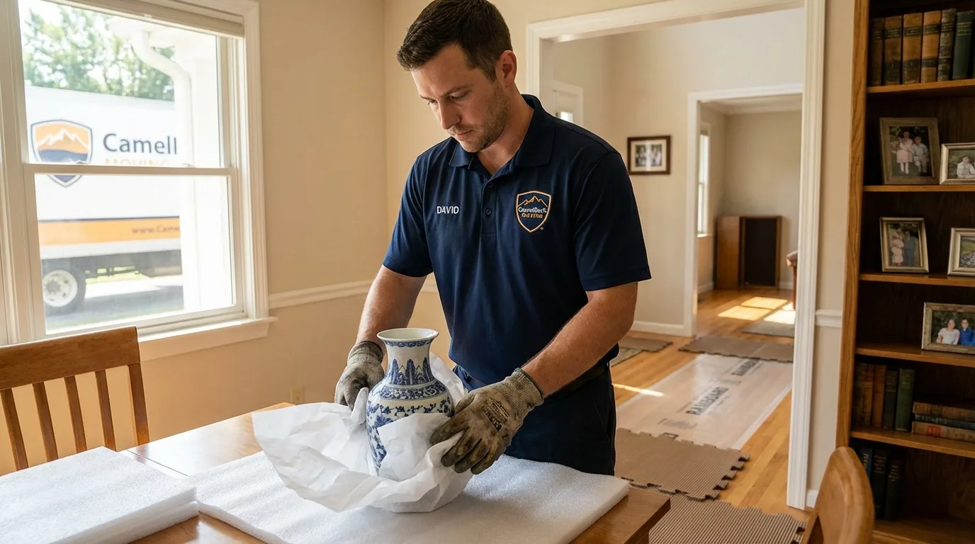 Professional crew carefully wrapping antique vase for senior downsizing move in North Wilkesboro, NC